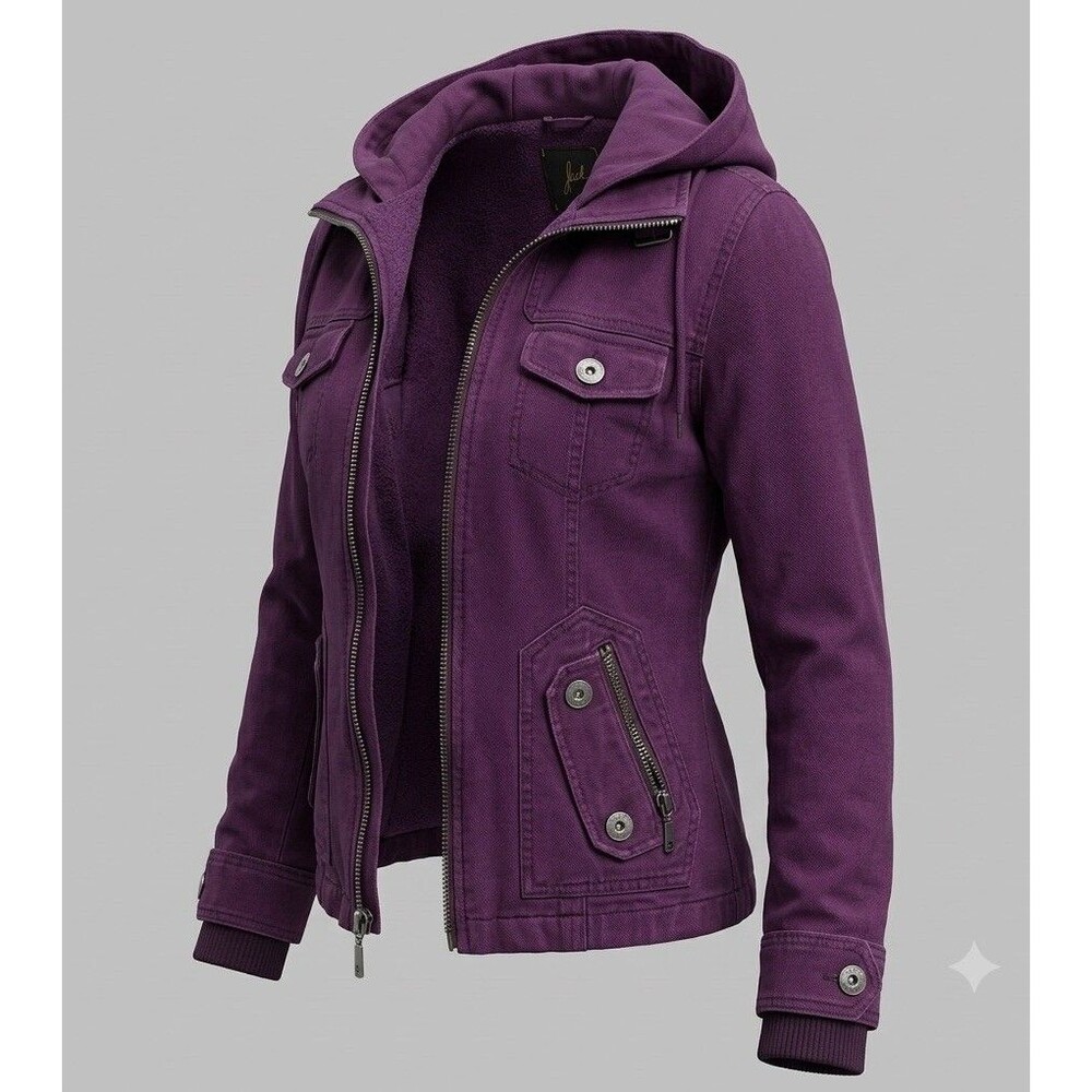 Jack by BB Dakota Purple Denim canvas Utility Jacket Hooded Fleece Lined XS/S